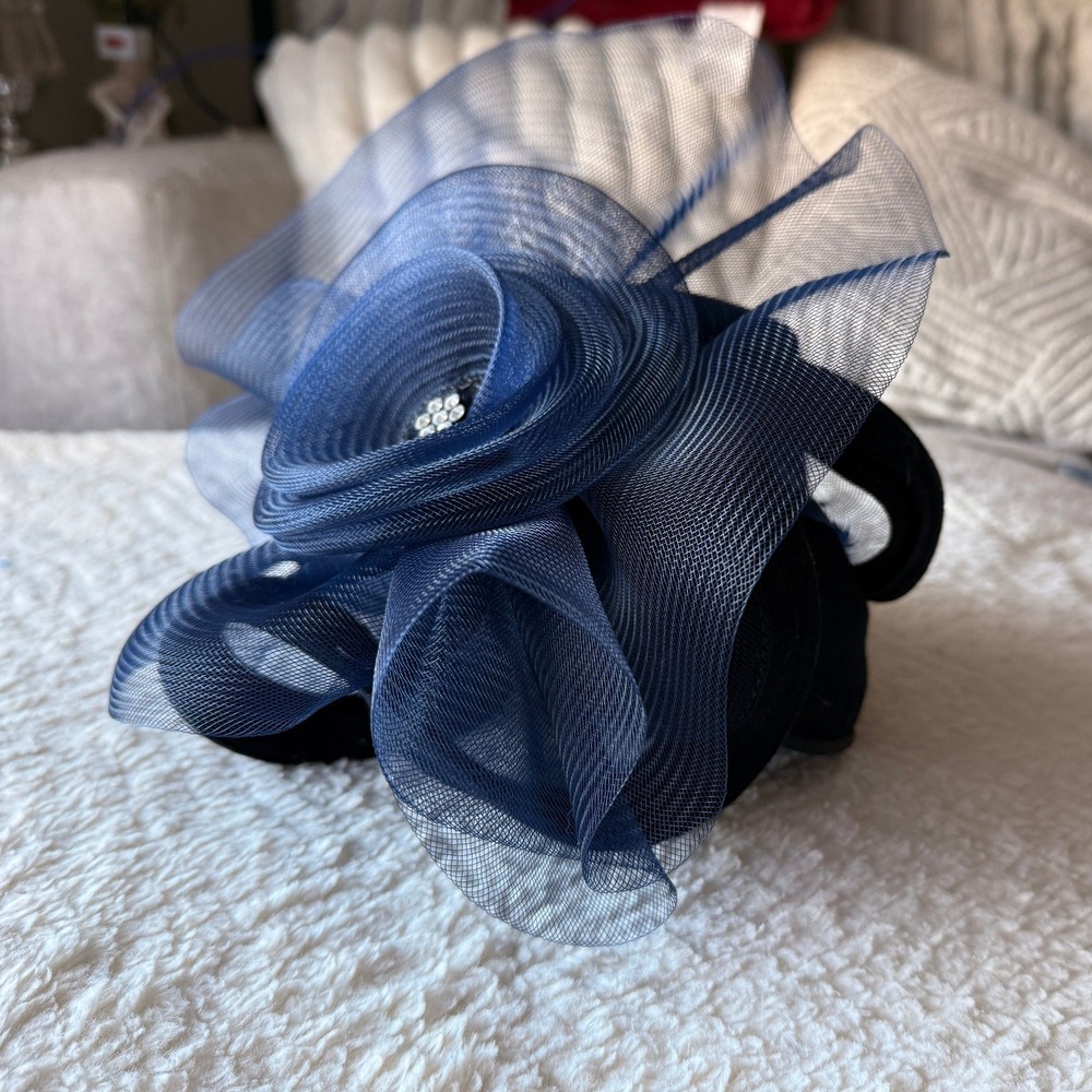Jolly J for Sylvia Navy Blue Fascinator Hat with Mesh Rose and Rhinestone Accent
